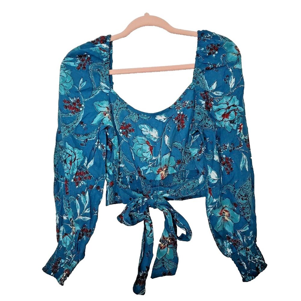 Band of the Free Boho Sybille Teal Floral Wrap Crossover Crop Top Women XS NWT - Picture 2 of 6